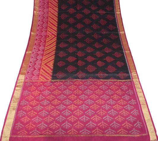 Sushila Vintage Pochampally Ikat Saree Pure Cotton Silk Zari Border Black Sari