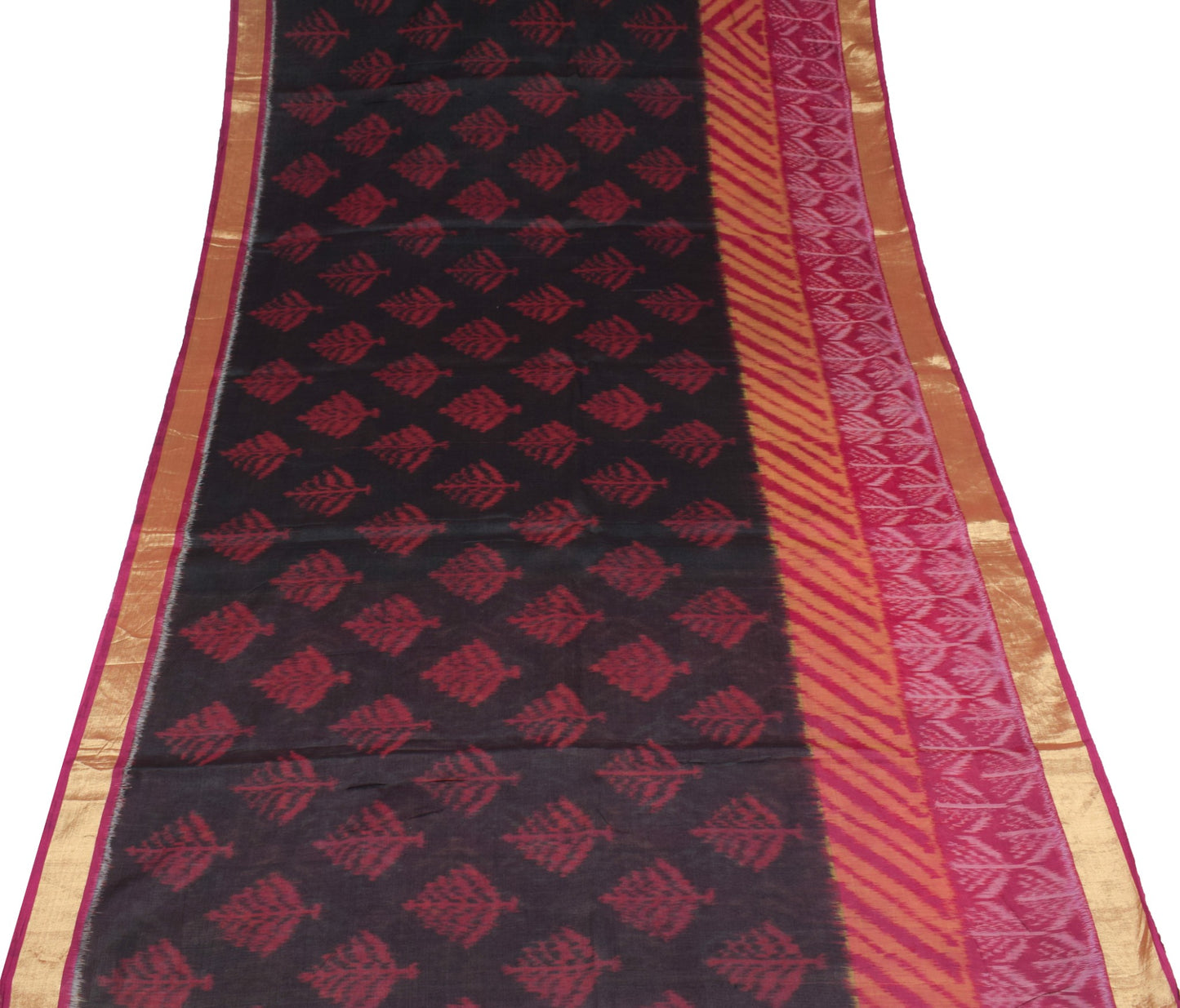 Sushila Vintage Pochampally Ikat Saree Pure Cotton Silk Zari Border Black Sari