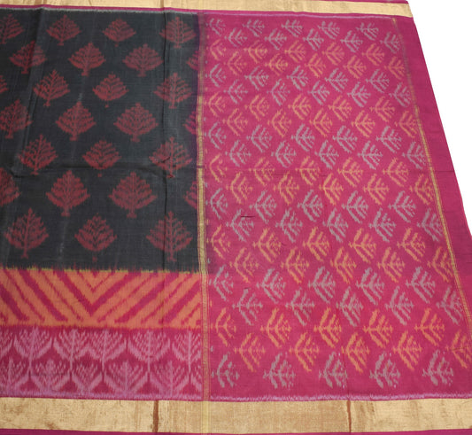 Sushila Vintage Pochampally Ikat Saree Pure Cotton Silk Zari Border Black Sari