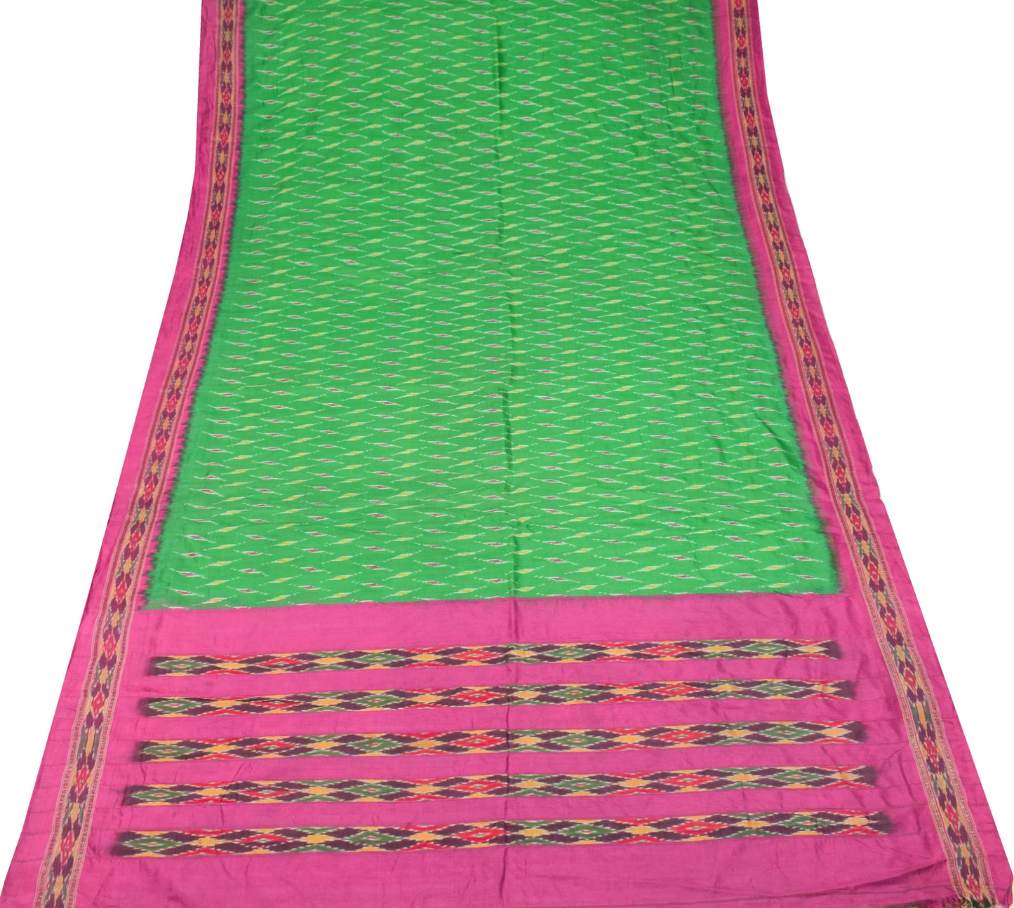 Sushila Vintage Green Magenta Saree Pure Silk Hand Woven Ikat Patola Sari Fabric
