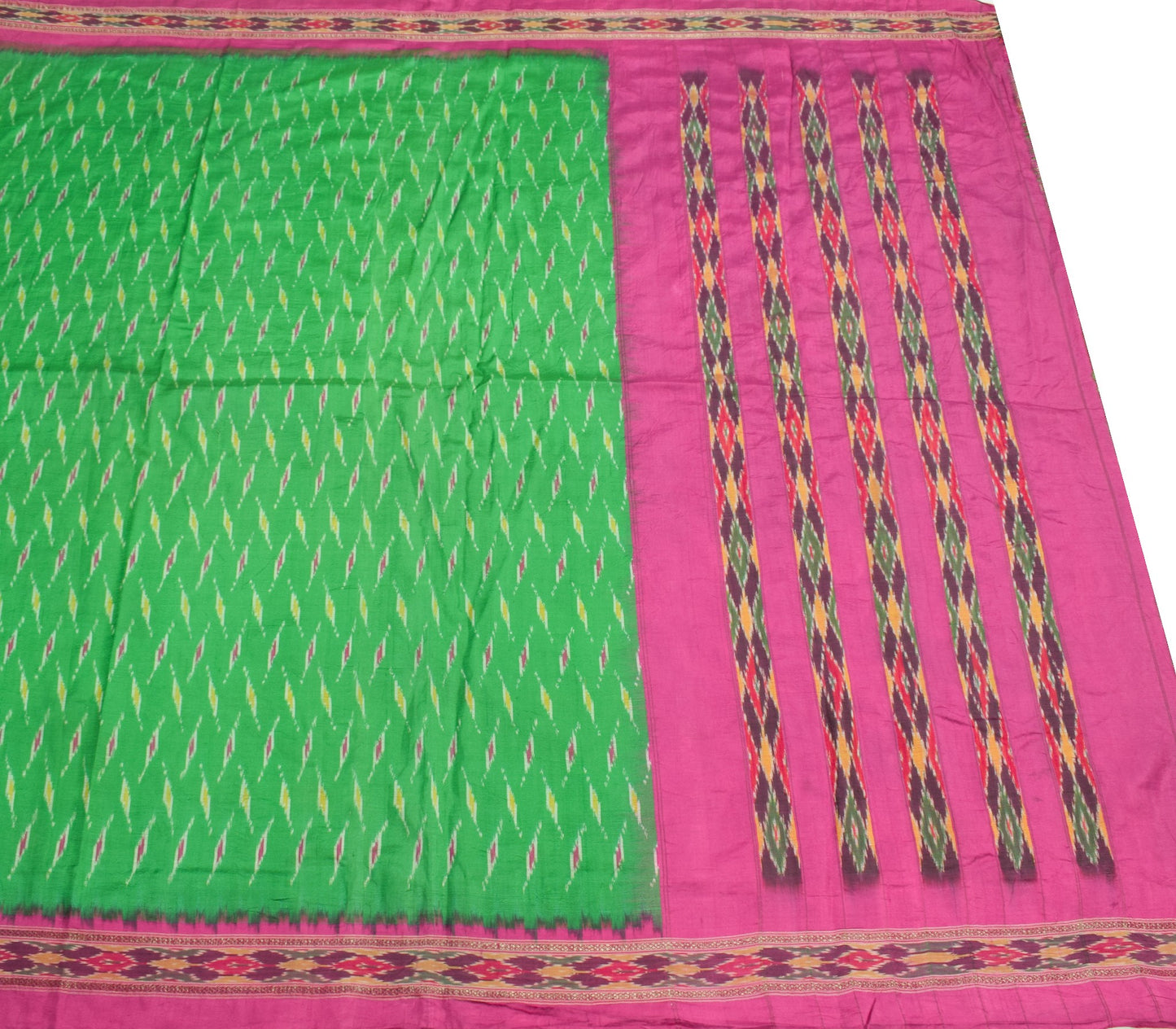 Sushila Vintage Green Magenta Saree Pure Silk Hand Woven Ikat Patola Sari Fabric