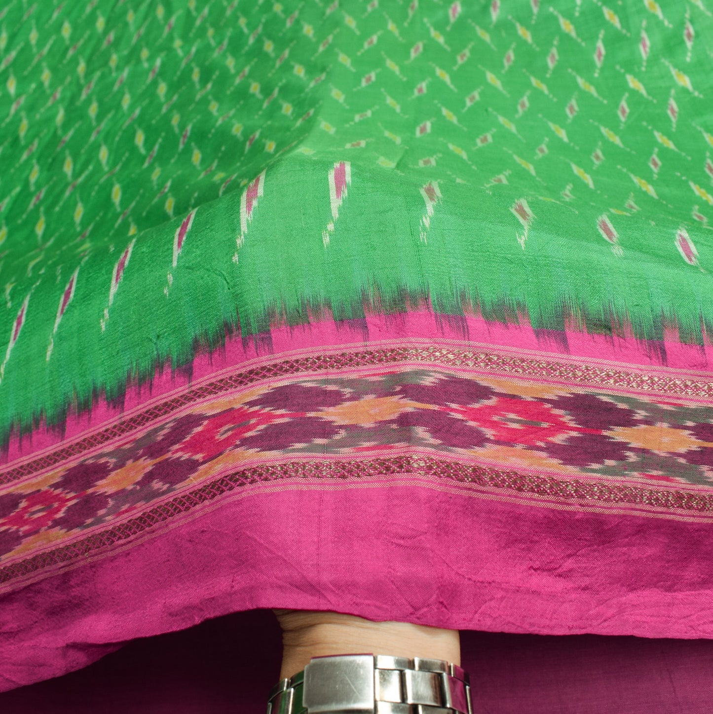 Sushila Vintage Green Magenta Saree Pure Silk Hand Woven Ikat Patola Sari Fabric
