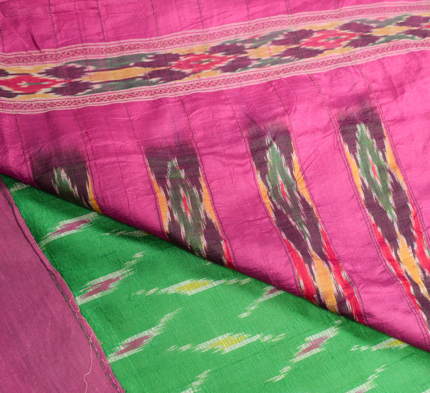 Sushila Vintage Green Magenta Saree Pure Silk Hand Woven Ikat Patola Sari Fabric