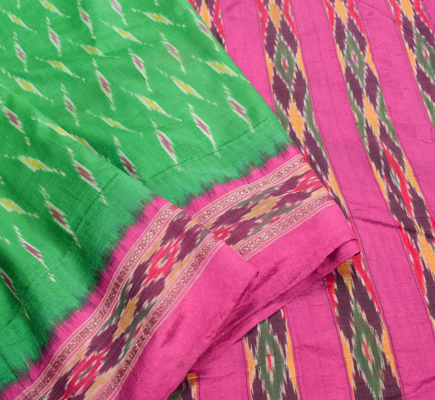 Sushila Vintage Green Magenta Saree Pure Silk Hand Woven Ikat Patola Sari Fabric