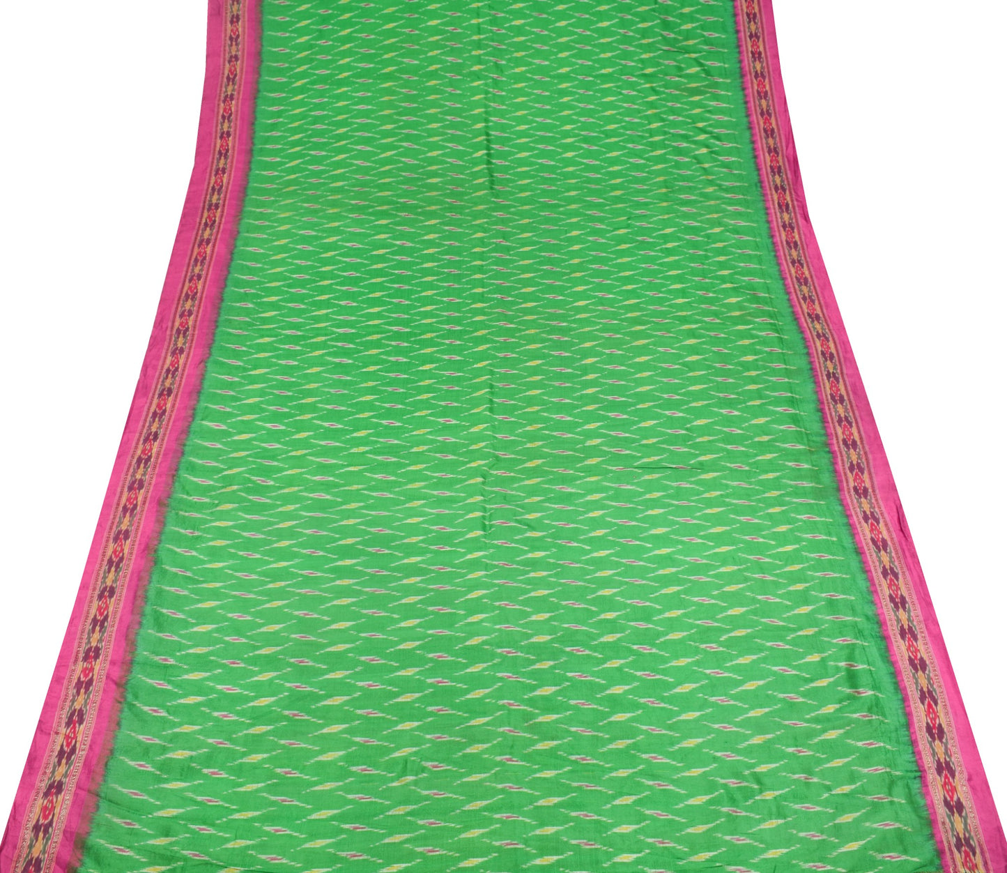 Sushila Vintage Green Magenta Saree Pure Silk Hand Woven Ikat Patola Sari Fabric