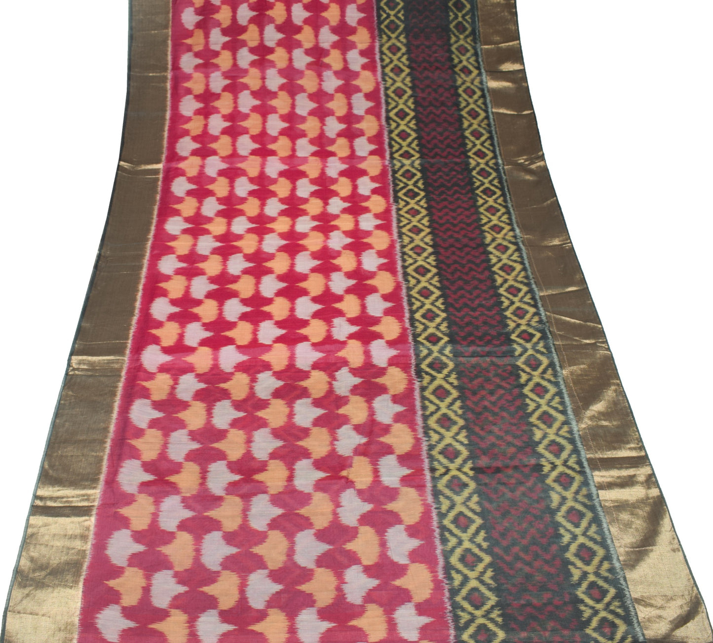Sushila Vintage Pochampally Ikat Saree Pure Cotton SilkZari Border Magenta Sari