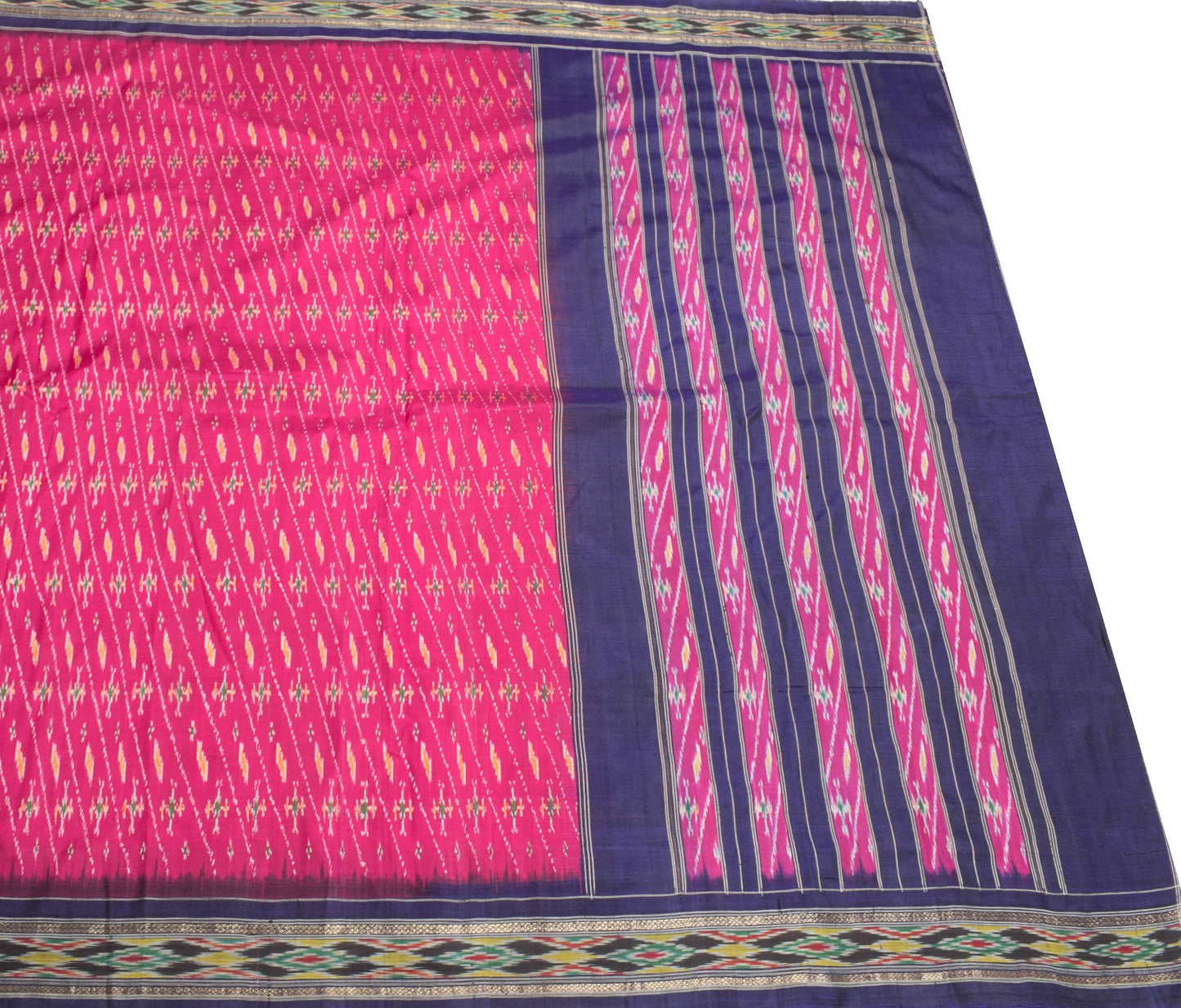 Sushila Vintage Pochampally Ikat Saree Hand Woven Magenta Blue Pure Silk Sari