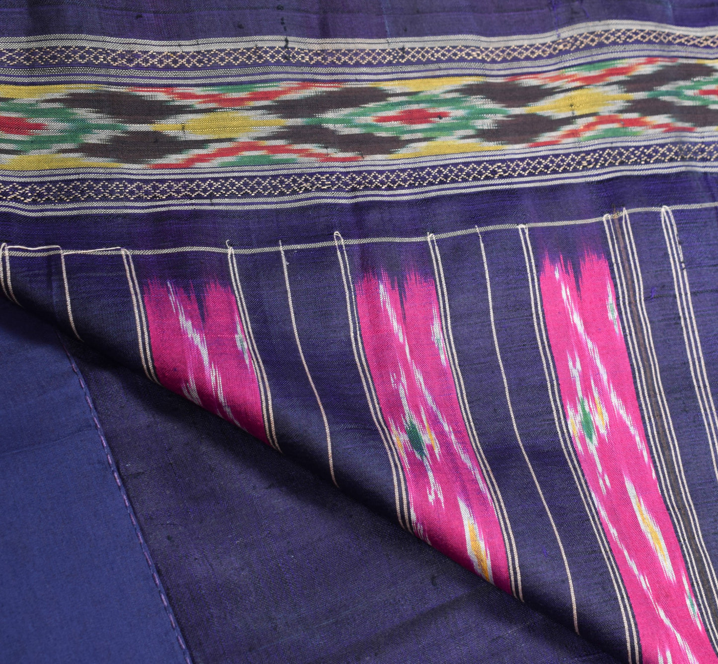 Sushila Vintage Pochampally Ikat Saree Hand Woven Magenta Blue Pure Silk Sari