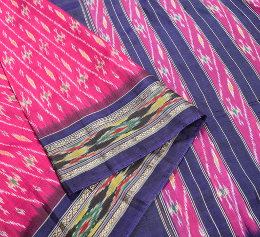 Sushila Vintage Pochampally Ikat Saree Hand Woven Magenta Blue Pure Silk Sari