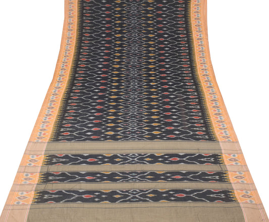 Sushila Vintage Pure Cotton Black Saree Hand Woven Ikat Pochampally Sari Fabric