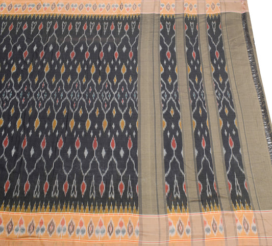 Sushila Vintage Pure Cotton Black Saree Hand Woven Ikat Pochampally Sari Fabric