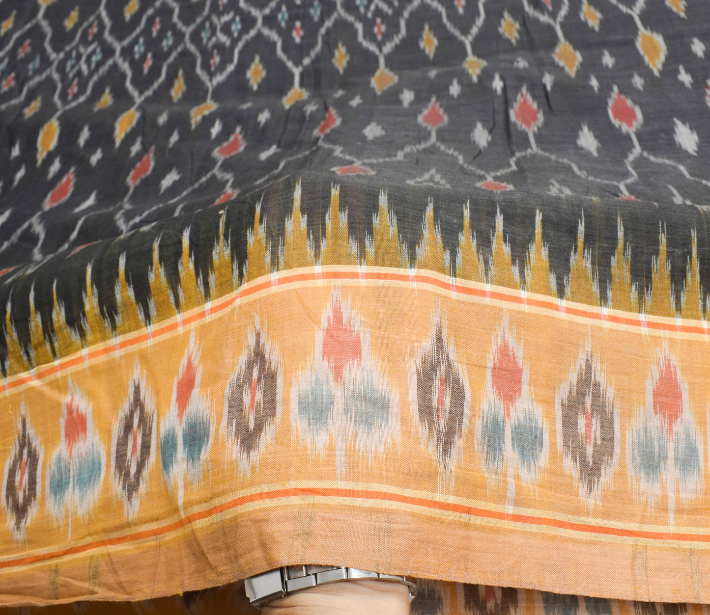 Sushila Vintage Pure Cotton Black Saree Hand Woven Ikat Pochampally Sari Fabric