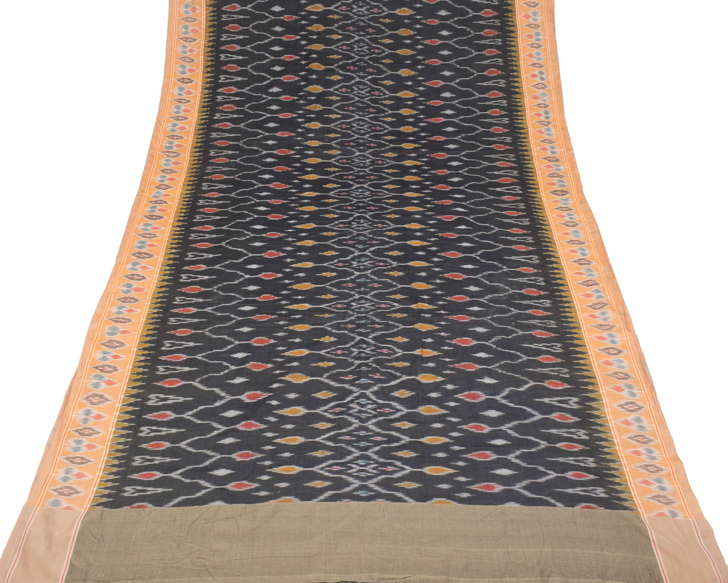 Sushila Vintage Pure Cotton Black Saree Hand Woven Ikat Pochampally Sari Fabric