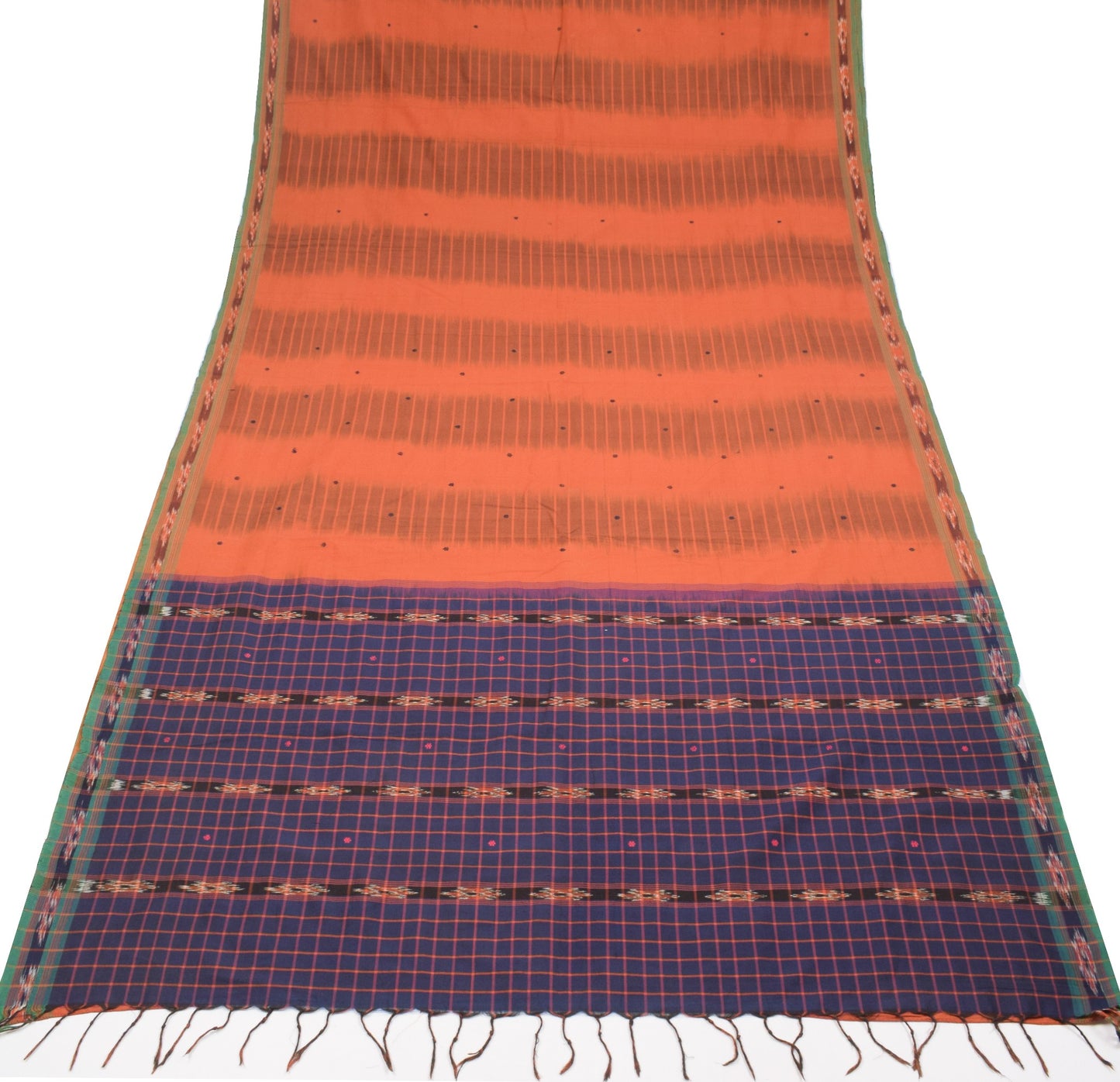 Sushila Vintage Rust Saree Pure Cotton Hand Woven Ikat Patola Sari Craft Fabric