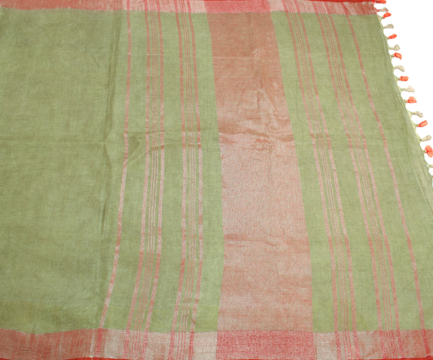 Sushila Vintage Green Pure Linen Sari Handloom with Silver Zari Border Saree