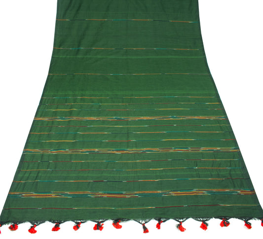 Sushila Vintage Art Khadi Cotton Saree Knitted Weaving Stripes Green Sari Fabric