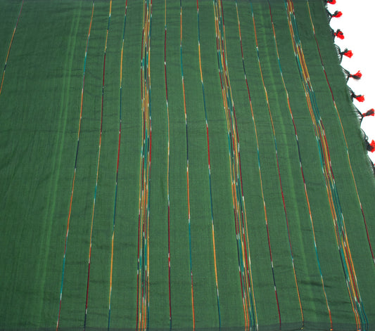 Sushila Vintage Art Khadi Cotton Saree Knitted Weaving Stripes Green Sari Fabric