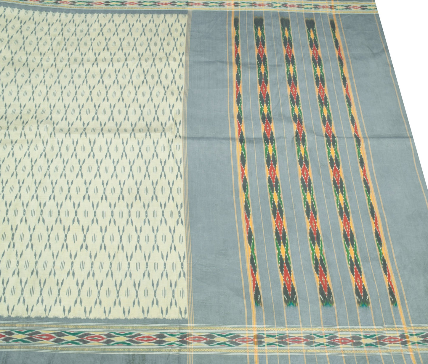Sushila Vintage Cream Gray Saree Pure Silk Hand Woven Ikat Patola Sari Fabric