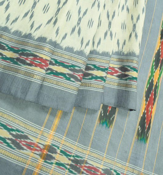 Sushila Vintage Cream Gray Saree Pure Silk Hand Woven Ikat Patola Sari Fabric