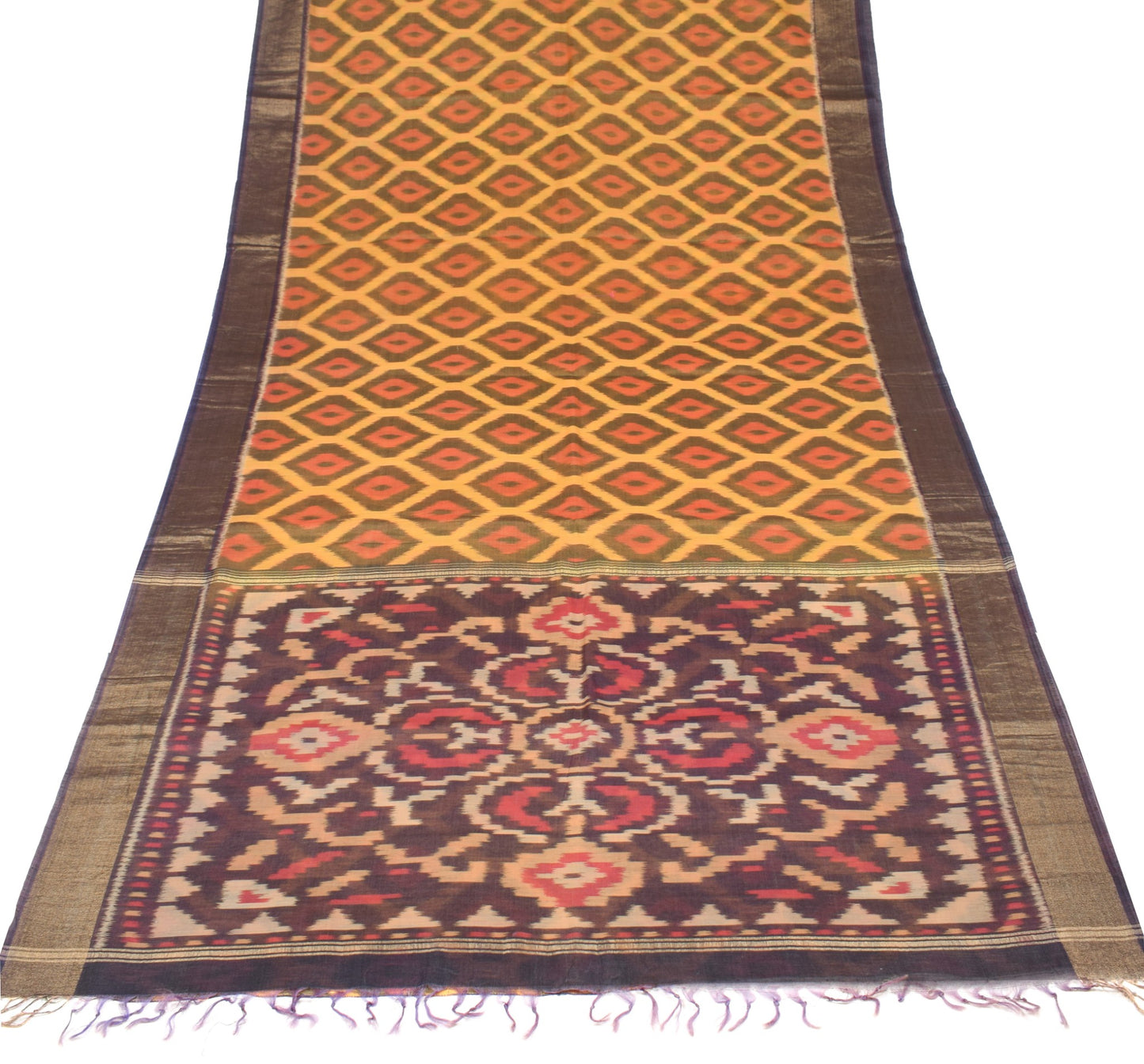 Sushila Vintage Pochampally Ikat Saree Yellow Pure Cotton Silk Zari Border Sari