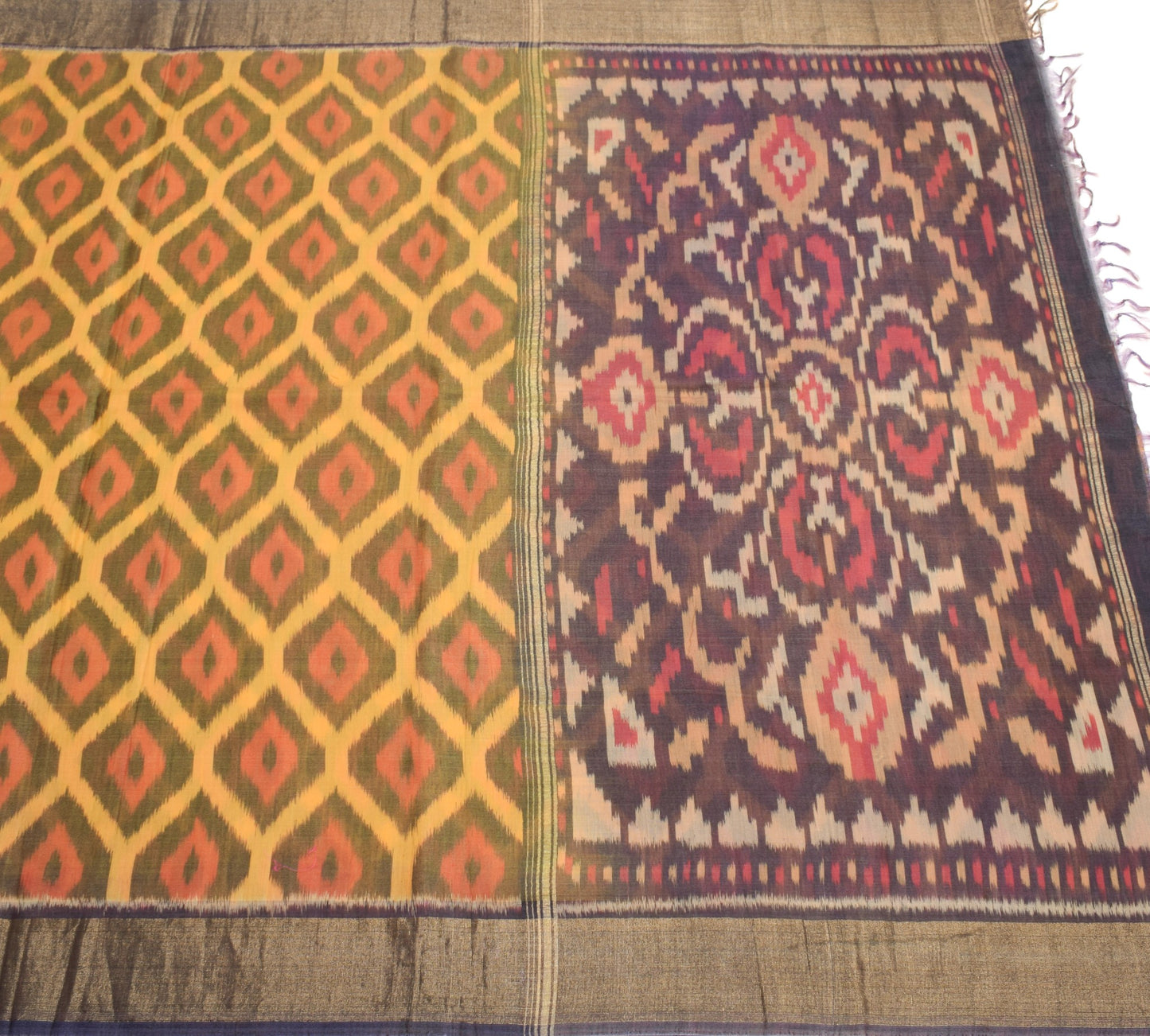 Sushila Vintage Pochampally Ikat Saree Yellow Pure Cotton Silk Zari Border Sari