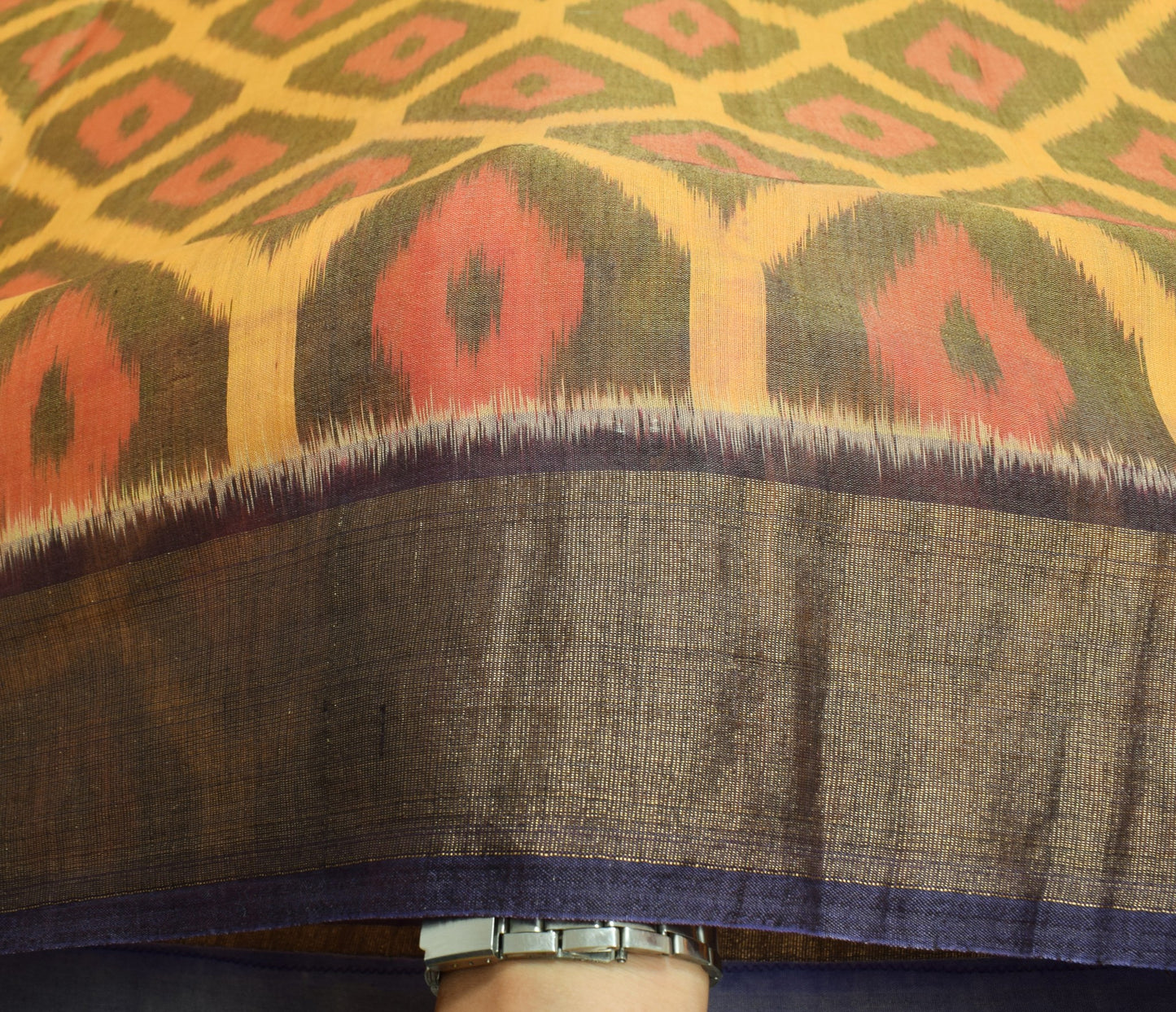 Sushila Vintage Pochampally Ikat Saree Yellow Pure Cotton Silk Zari Border Sari