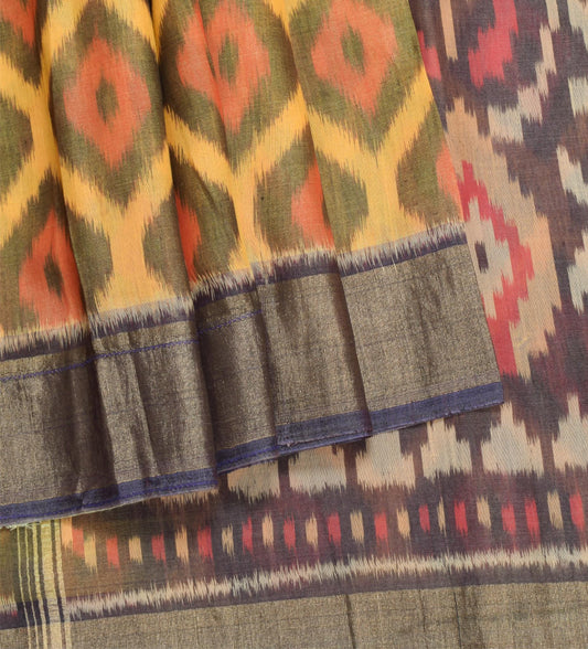 Sushila Vintage Pochampally Ikat Saree Yellow Pure Cotton Silk Zari Border Sari