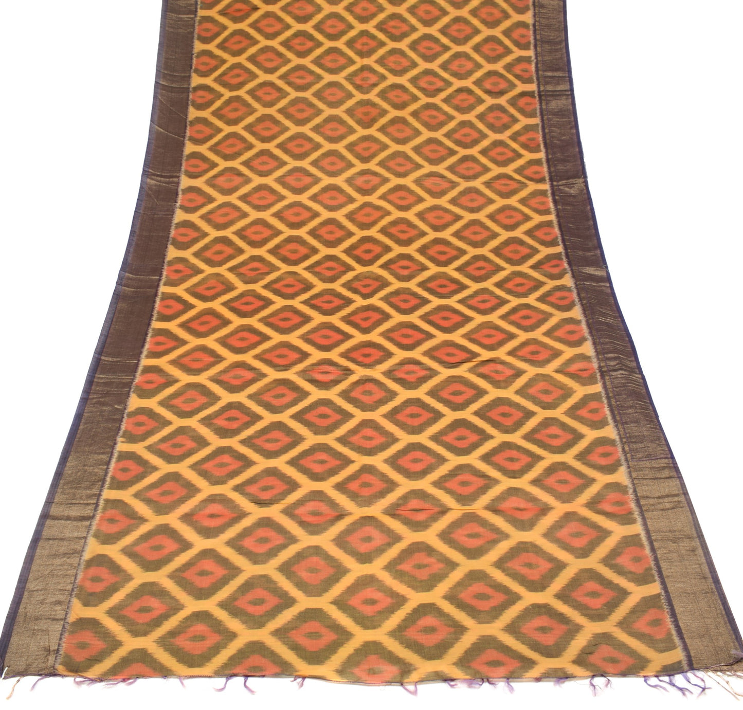Sushila Vintage Pochampally Ikat Saree Yellow Pure Cotton Silk Zari Border Sari