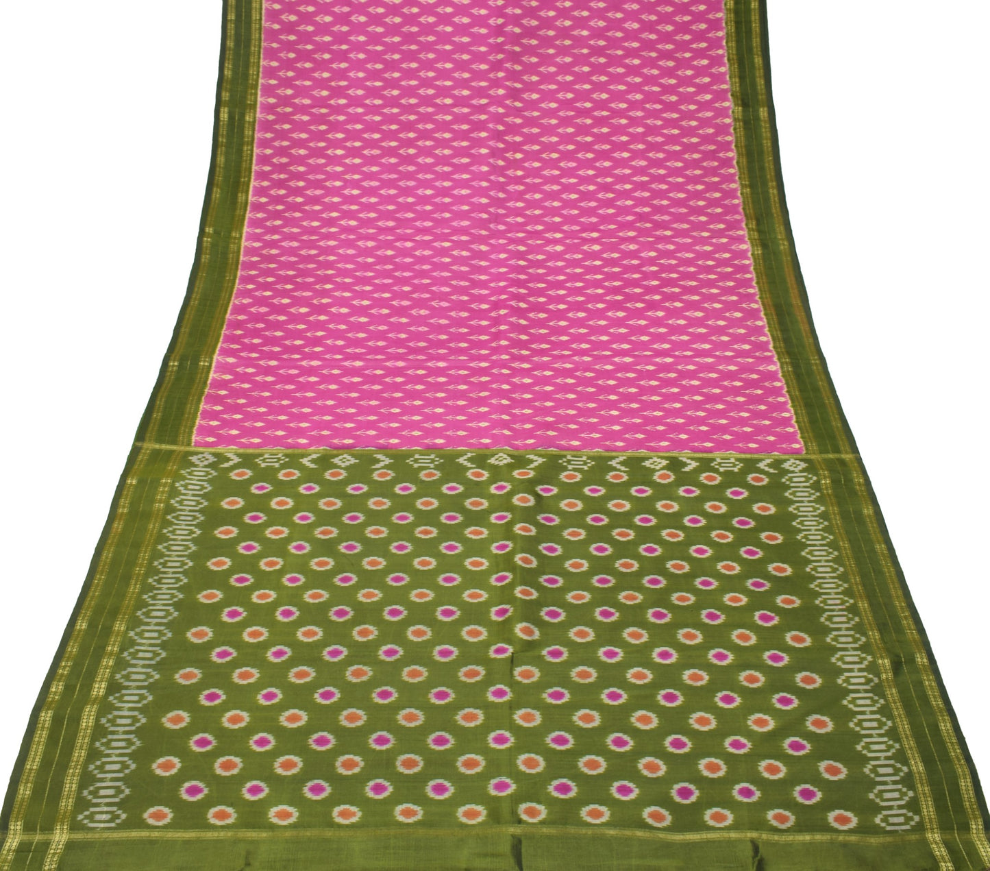 Sushila Vintage  Pink and Green Ikat Saree Rudraksha Border Woven Pure Silk Sari