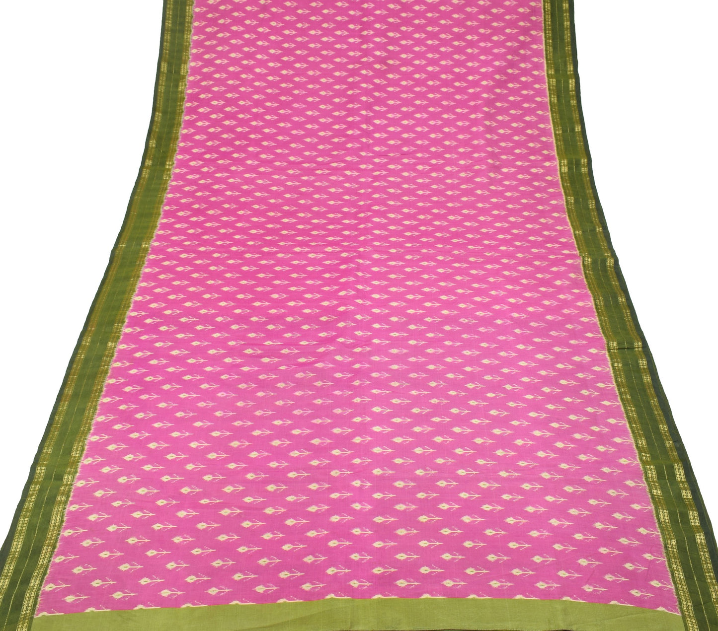Sushila Vintage  Pink and Green Ikat Saree Rudraksha Border Woven Pure Silk Sari