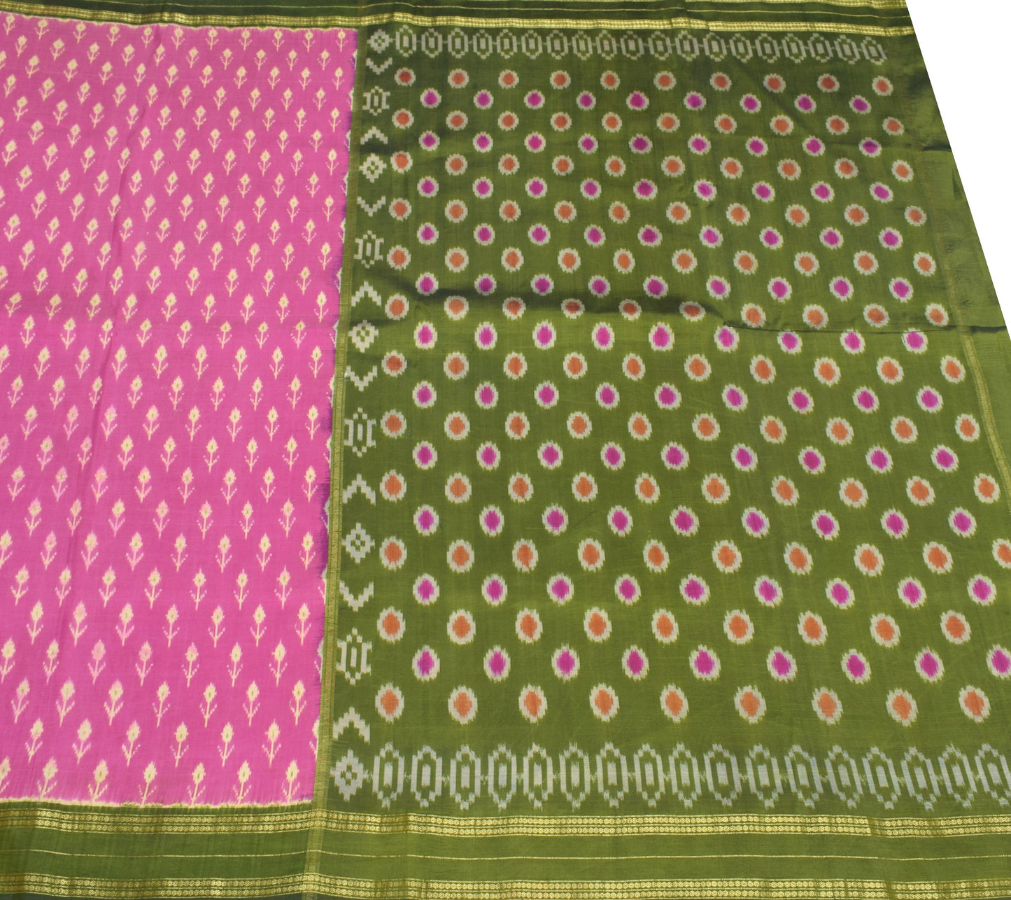 Sushila Vintage  Pink and Green Ikat Saree Rudraksha Border Woven Pure Silk Sari