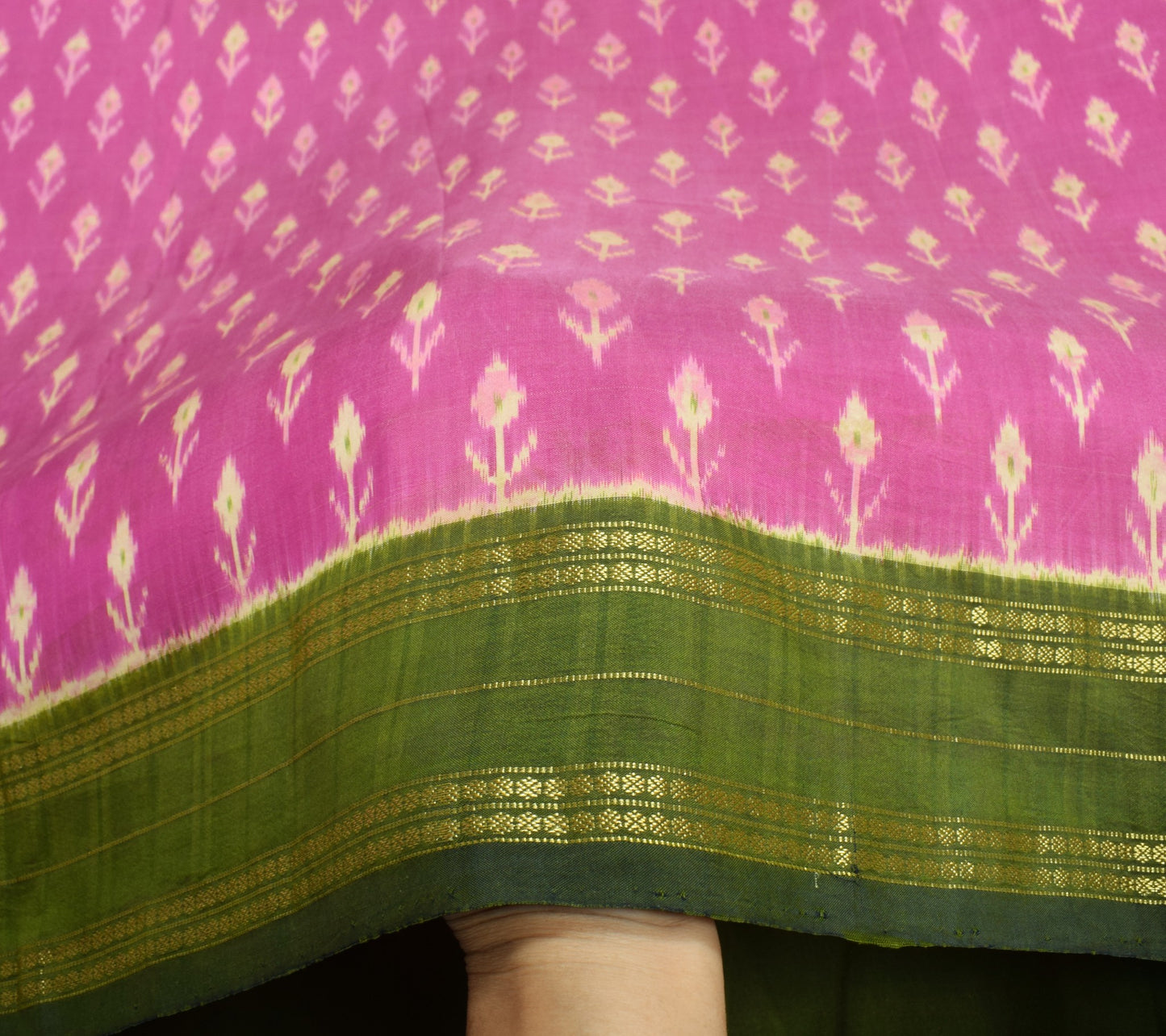 Sushila Vintage  Pink and Green Ikat Saree Rudraksha Border Woven Pure Silk Sari