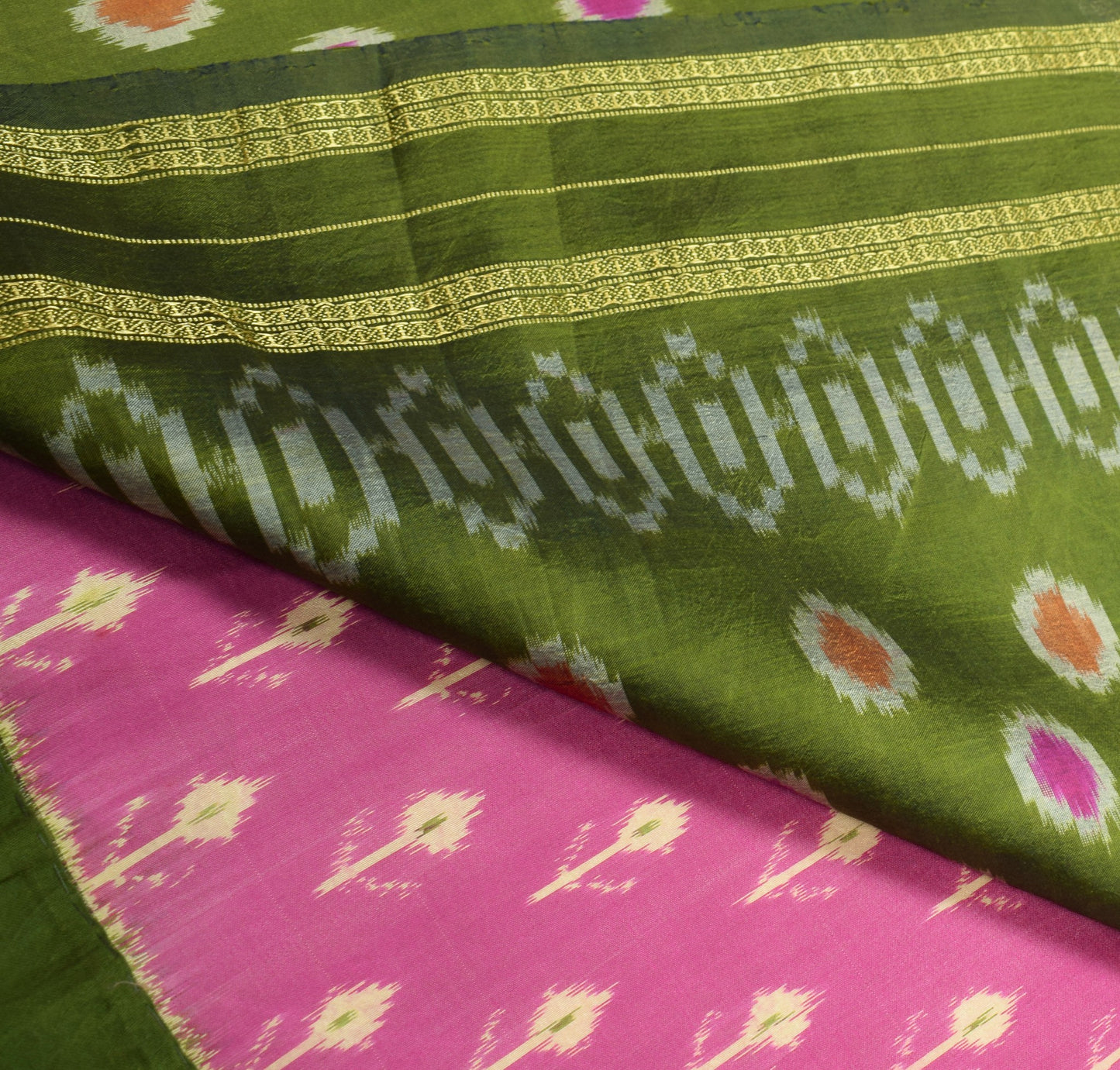 Sushila Vintage  Pink and Green Ikat Saree Rudraksha Border Woven Pure Silk Sari