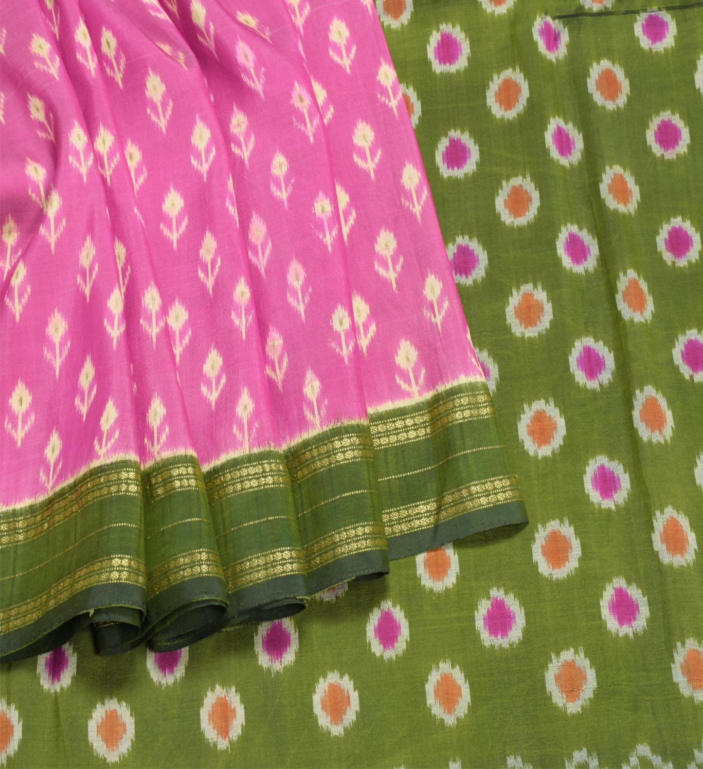 Sushila Vintage  Pink and Green Ikat Saree Rudraksha Border Woven Pure Silk Sari