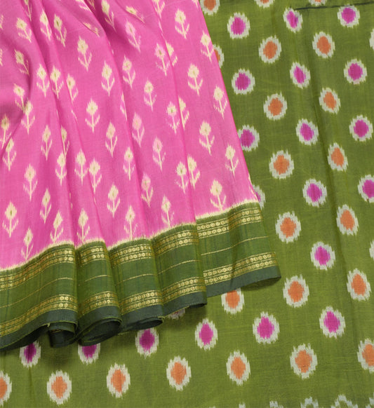 Sushila Vintage  Pink and Green Ikat Saree Rudraksha Border Woven Pure Silk Sari