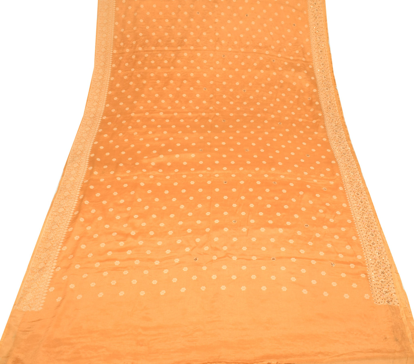 Sushila Vintage Mustard Saree Pure Chinon Silk Floral Woven Sari Blouse Fabric