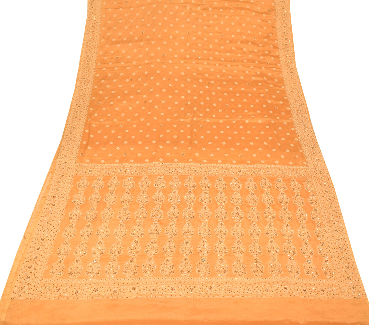 Sushila Vintage Mustard Saree Pure Chinon Silk Floral Woven Sari Blouse Fabric