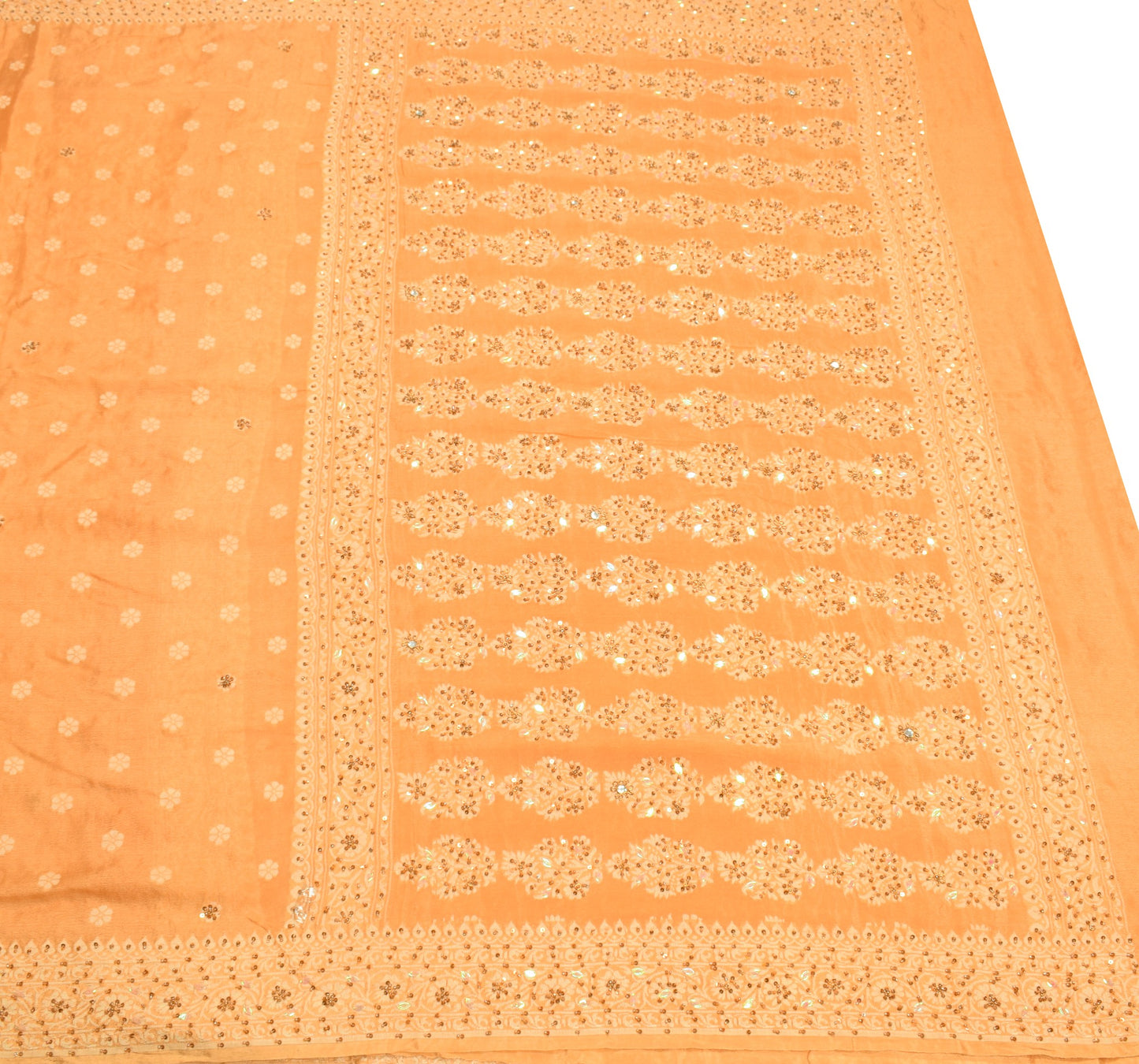 Sushila Vintage Mustard Saree Pure Chinon Silk Floral Woven Sari Blouse Fabric