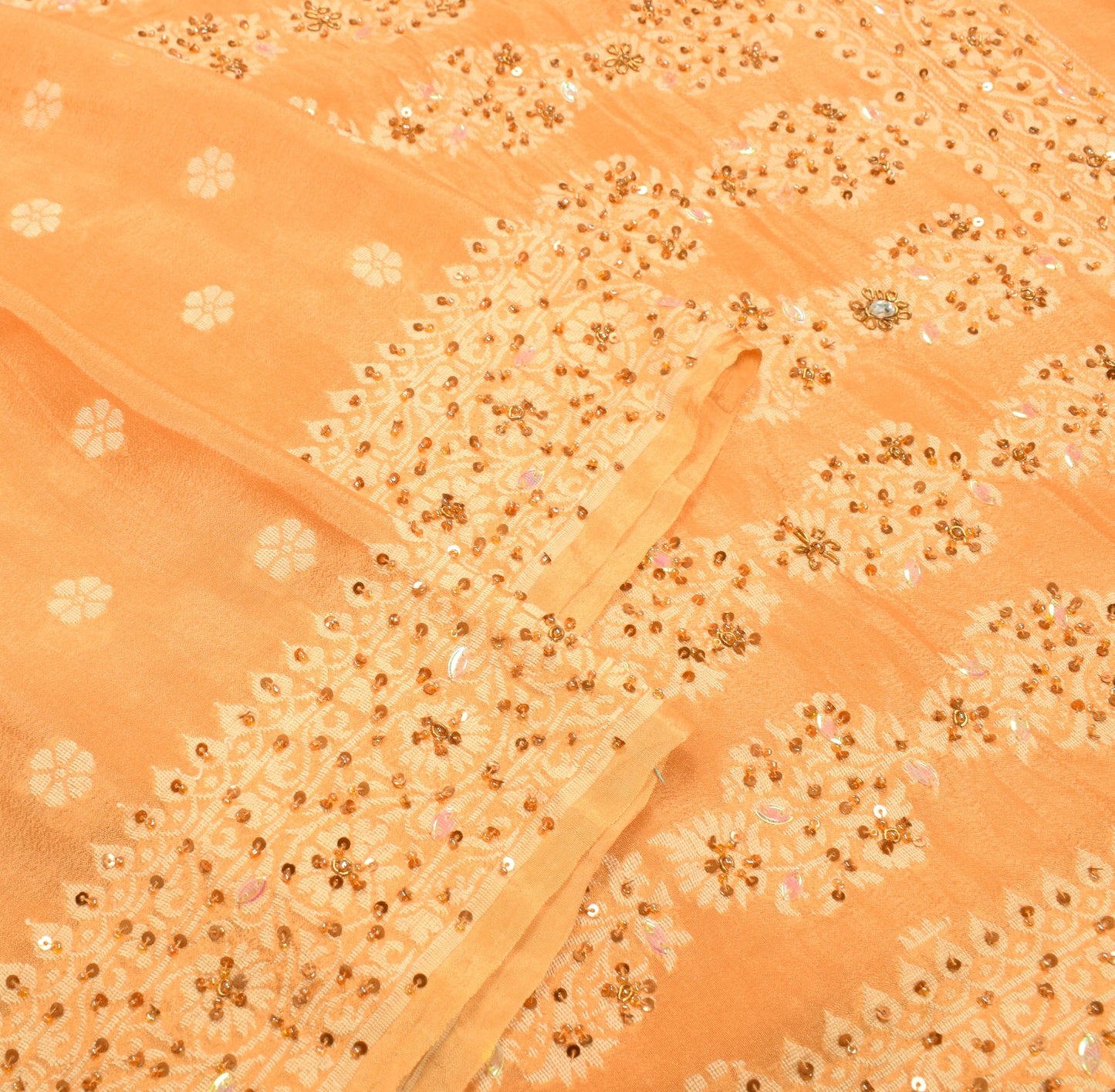 Sushila Vintage Mustard Saree Pure Chinon Silk Floral Woven Sari Blouse Fabric