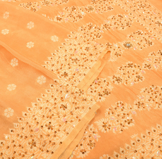 Sushila Vintage Mustard Saree Pure Chinon Silk Floral Woven Sari Blouse Fabric