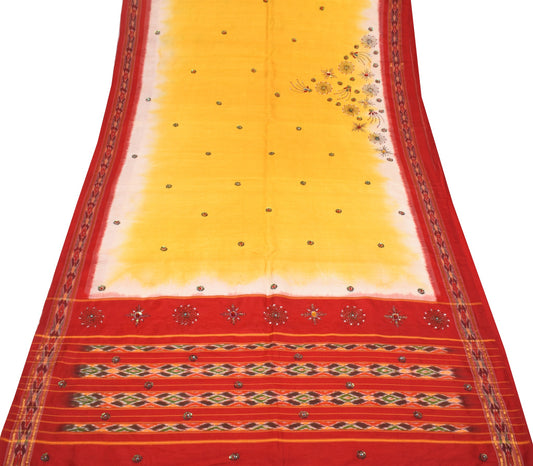 Sushila Vintage Yellow Saree Red Ikat Border Pallu Hand Beaded Pure Silk Sari