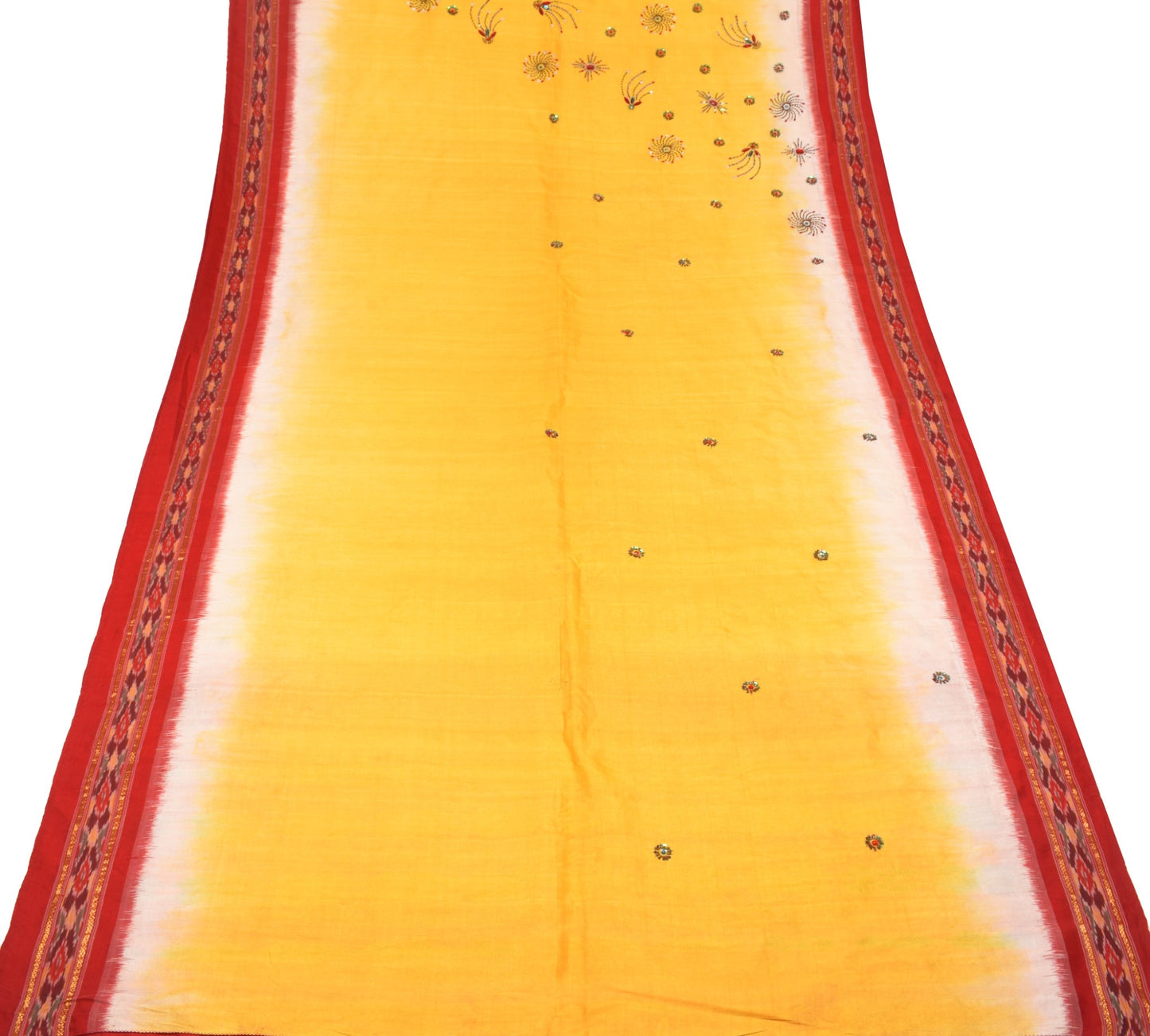 Sushila Vintage Yellow Saree Red Ikat Border Pallu Hand Beaded Pure Silk Sari