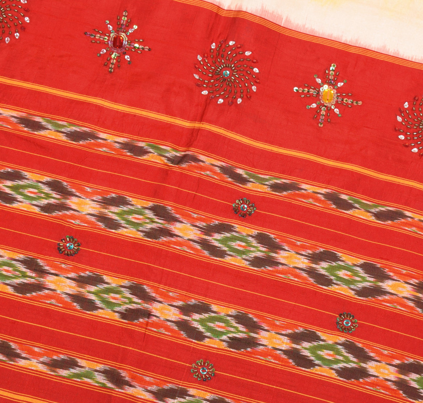 Sushila Vintage Yellow Saree Red Ikat Border Pallu Hand Beaded Pure Silk Sari