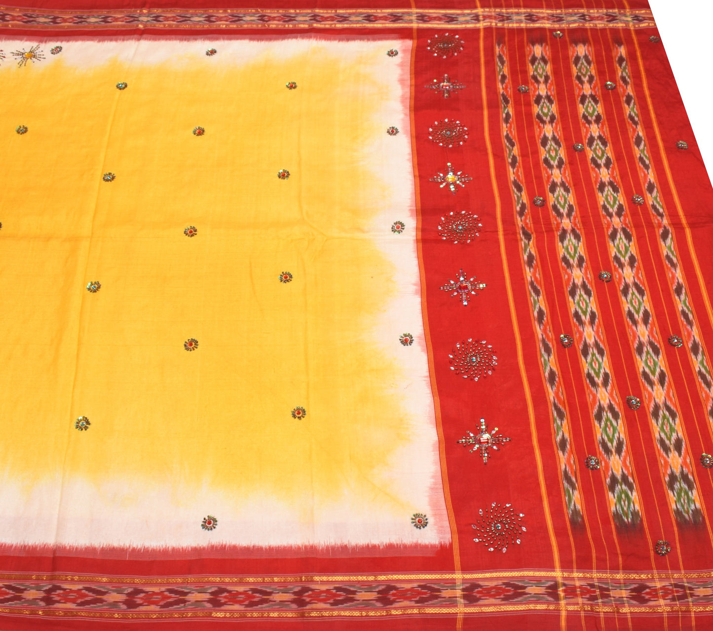 Sushila Vintage Yellow Saree Red Ikat Border Pallu Hand Beaded Pure Silk Sari