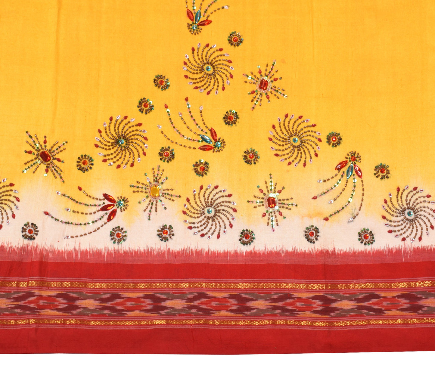 Sushila Vintage Yellow Saree Red Ikat Border Pallu Hand Beaded Pure Silk Sari