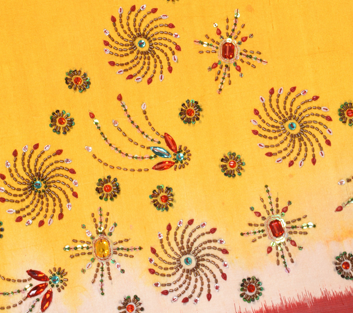 Sushila Vintage Yellow Saree Red Ikat Border Pallu Hand Beaded Pure Silk Sari