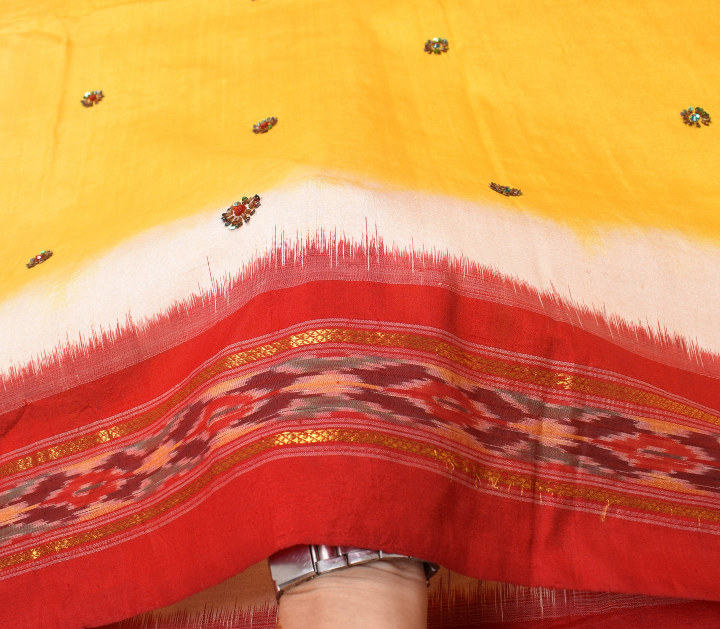 Sushila Vintage Yellow Saree Red Ikat Border Pallu Hand Beaded Pure Silk Sari