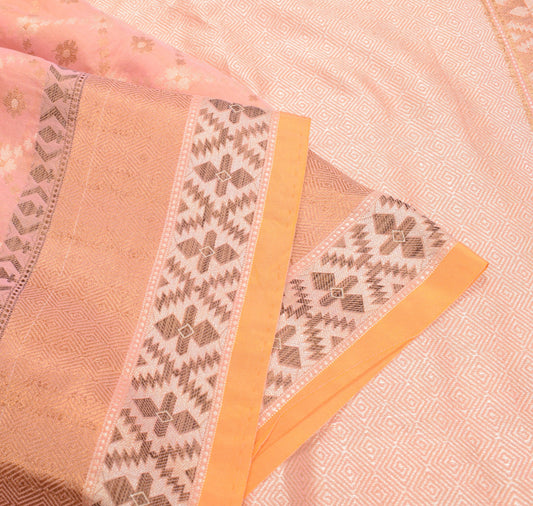 Sushila Vintage Salmon Peach Saree Floral Woven Pure Cotton Silk 5YD Sari Fabric
