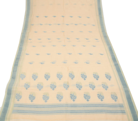 Sushila Vintage Floral Woven Saree Pure Cotton Silk Cream Sari 5 Yd Craft Fabric