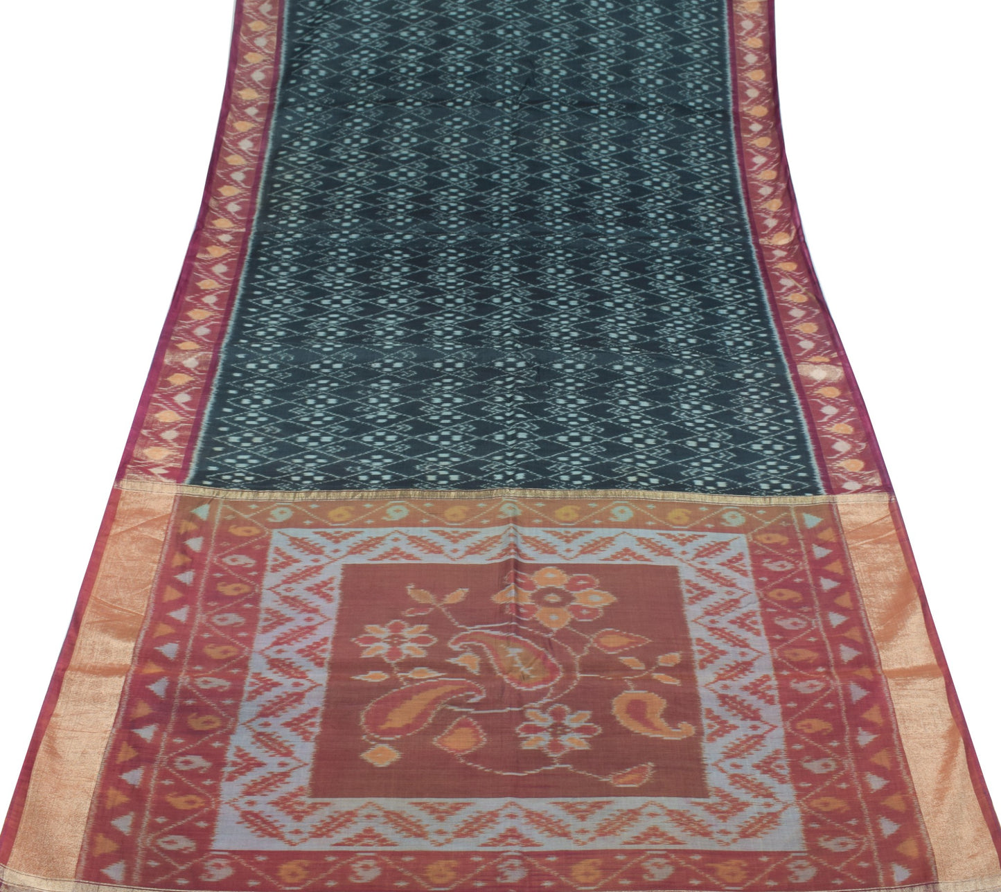 Sushila Vintage Pochampally Ikat Saree Pure Cotton Silk Zari Woven Black Sari
